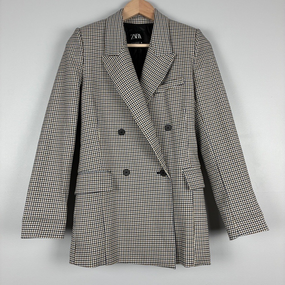 Zara Blazer XS Brown Blue Houndstooth Viscose Blend Dark Academia Career Chic - Picture 3 of 16